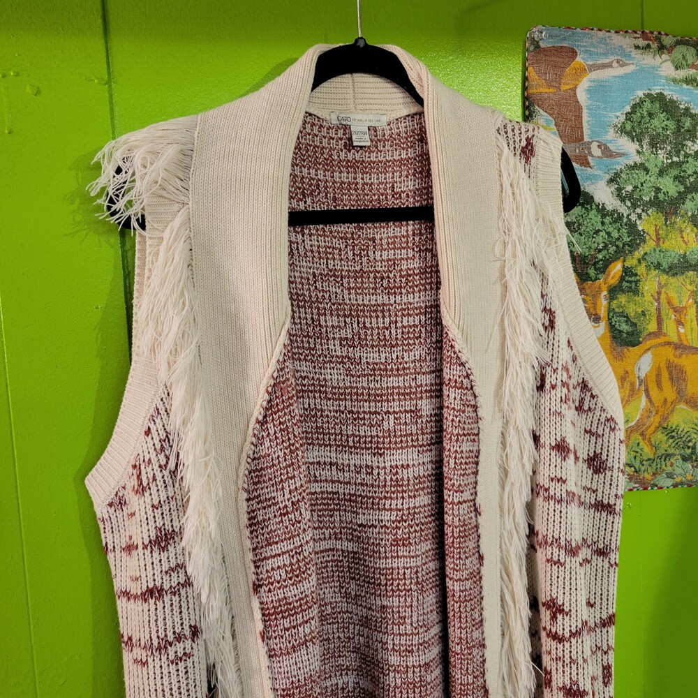 Cato 26/28W Knit Cardigan Sweater Vest Cream Fringe Open Front boho cottagecore